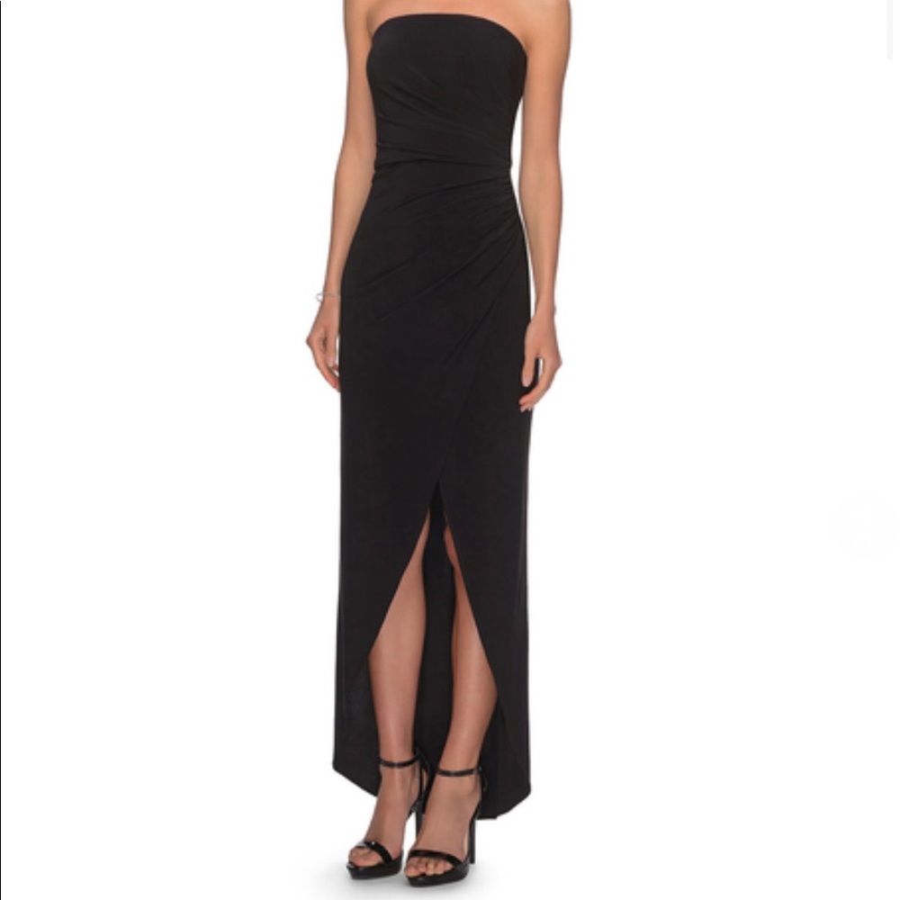 La Femme 28204 black strapless faux wrap dress